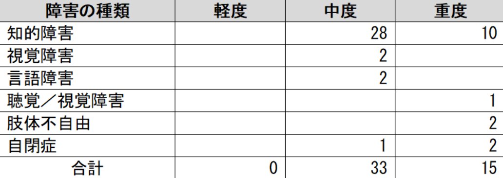 障害の種類の表、知的障害の中度者28人、重度者10人、視覚障害の中程度2人、言語照会中度2人、聴覚と視覚障害重度1人、肢体不自由重度2人、自閉症中度1人、重度2人。合計、中度の障害33人、重度の障害15人