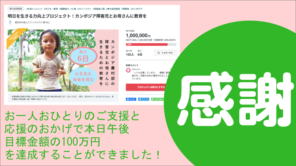 【感謝】100万円達成のお礼と今後のご支援について　クラウドファンディング「生きる力向上プロジェクト！カンボジア障害児とお母さんに教育を」